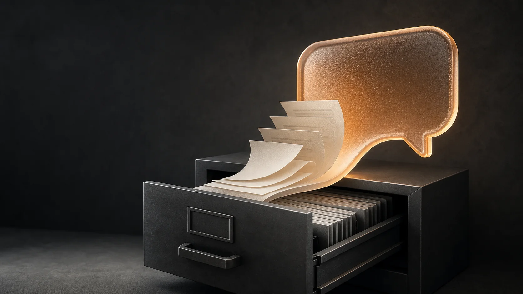 A document archive resolving into a warm glass conversation bubble